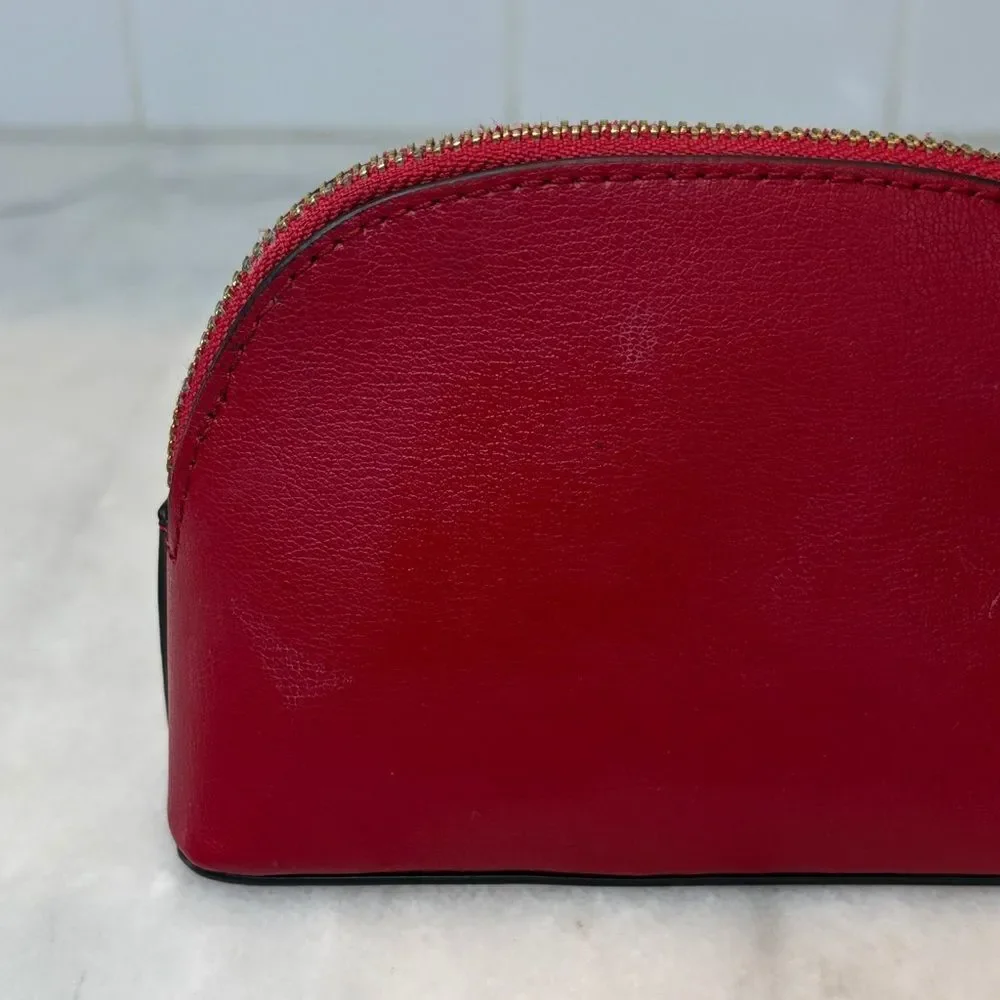 Michael Kors Travel Bag Cherry Red Leather Dome Cosmetic Case Pouch Clutch